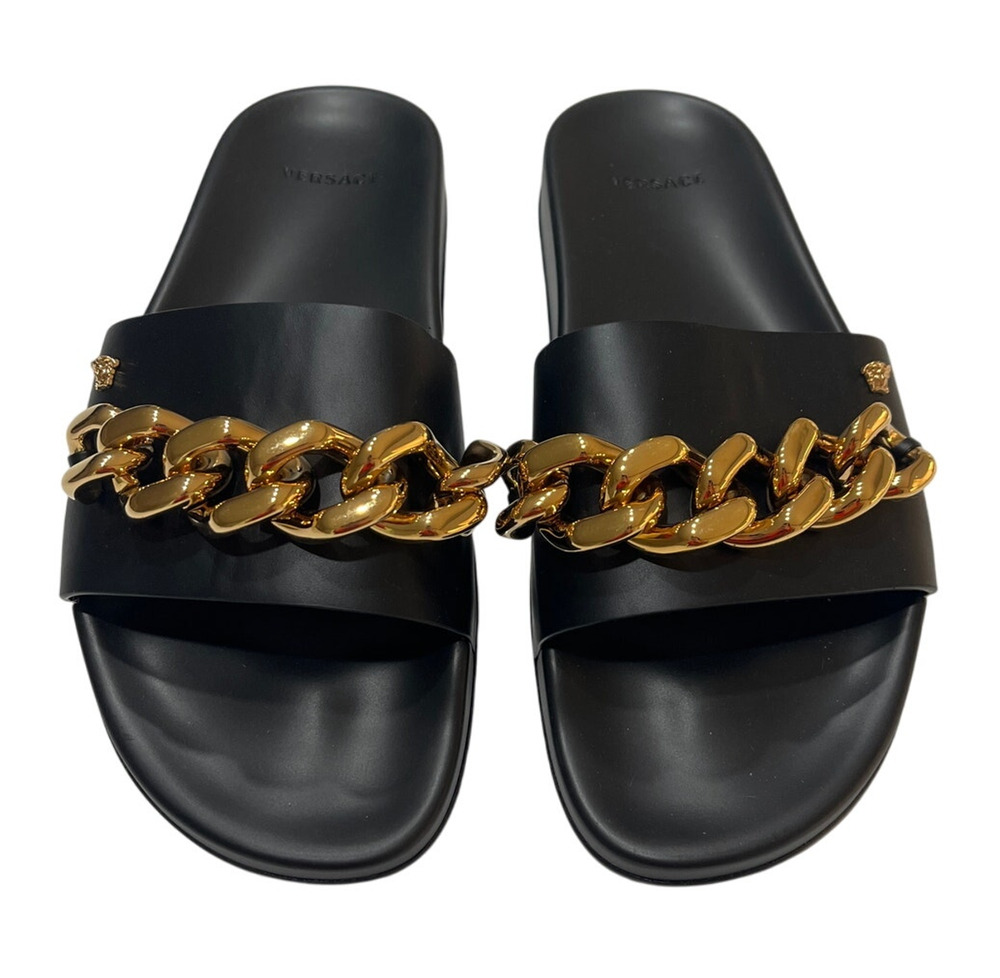 Black Slide Sandals with Gold Chain Accent